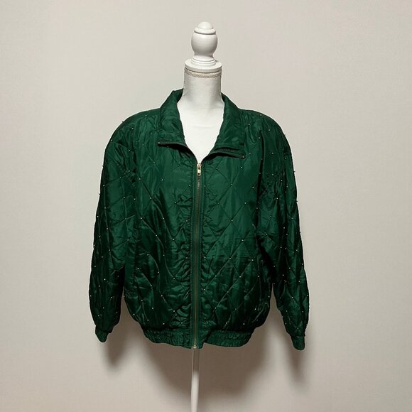 Selene Paris Jackets & Blazers - Vintage Selene Paris Green Studded Silk Bomber Jacket, Size Large, Shoulder Pads
